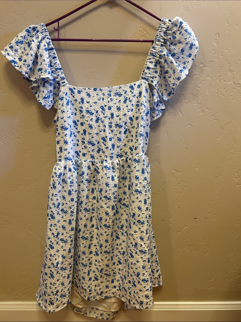Blue & White Floral Puff-Sleeve Casual Dress